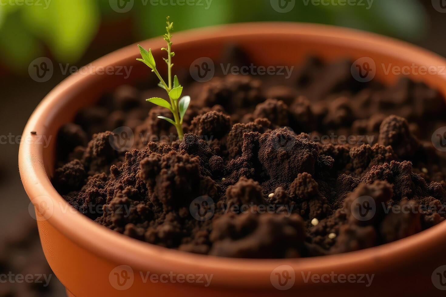 A young plant sprouts from the soil in a clay pot photo