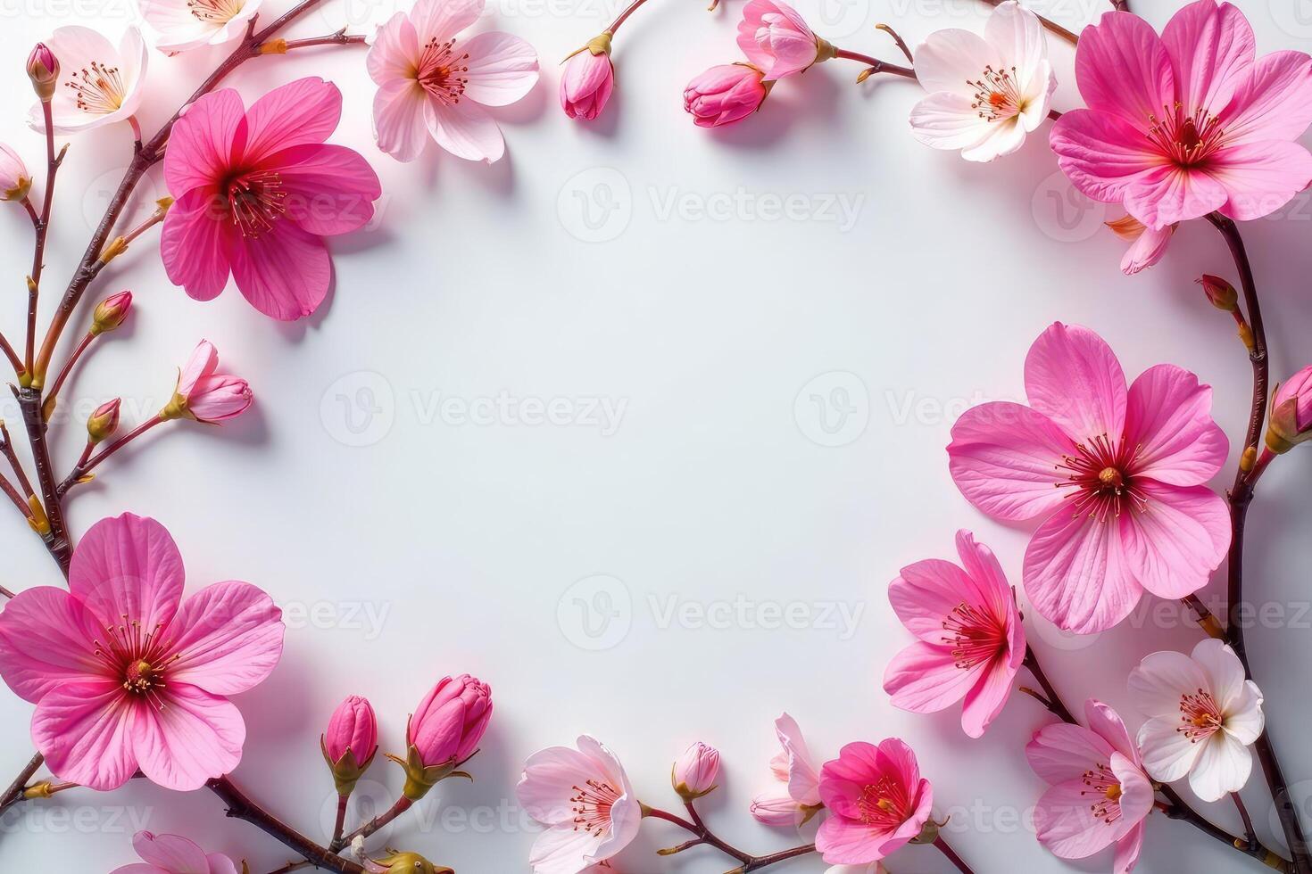 Pink flowers are arranged in a circle on a white background photo