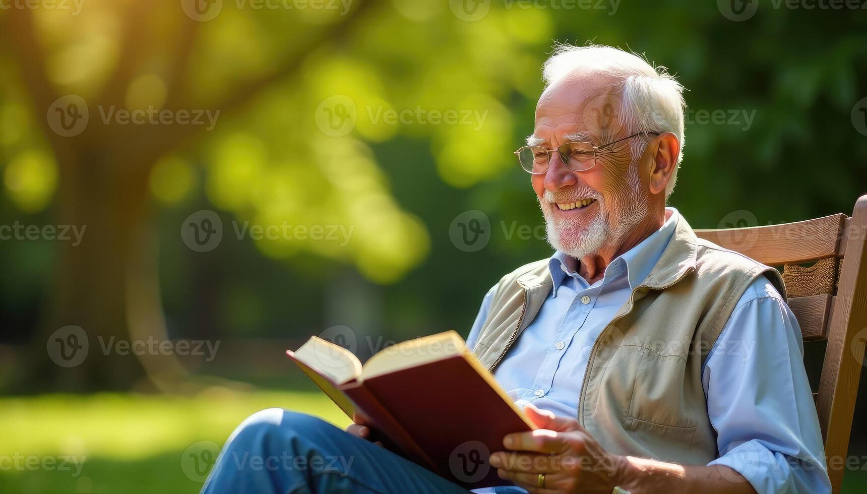 Smiling grandfather enjoying sunny day outdoors, reading a book in a comfortable chair , morning, grass photo
