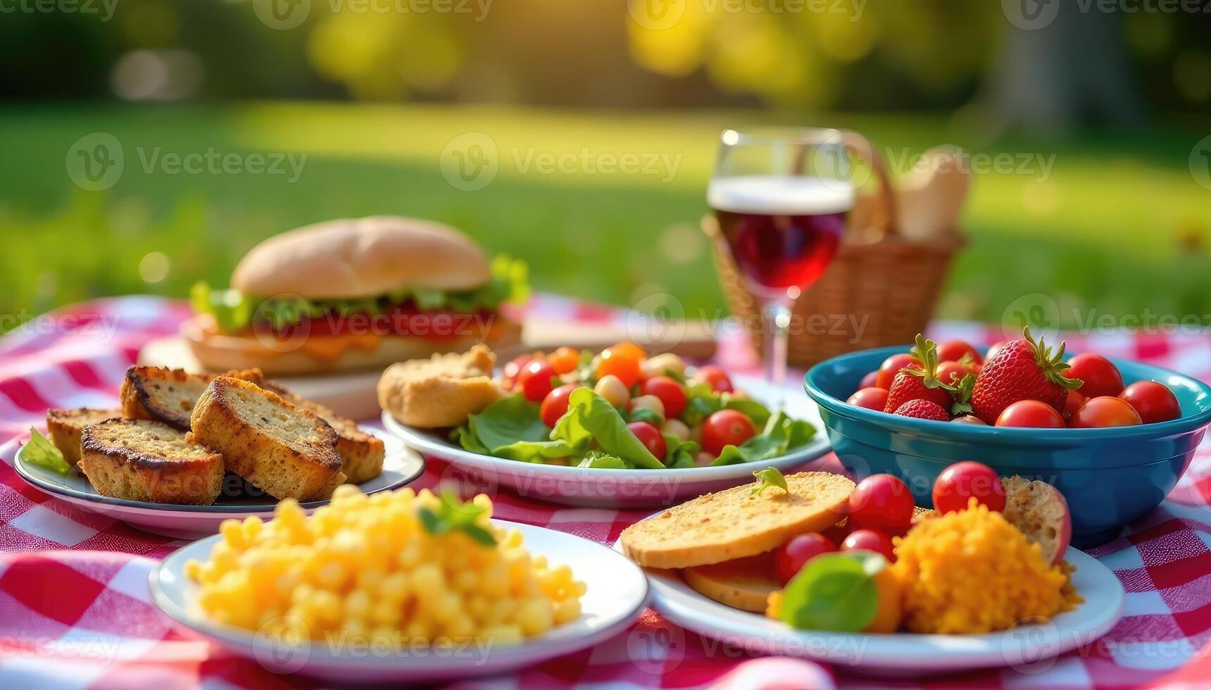 Picnic food on a blanket in the park photo