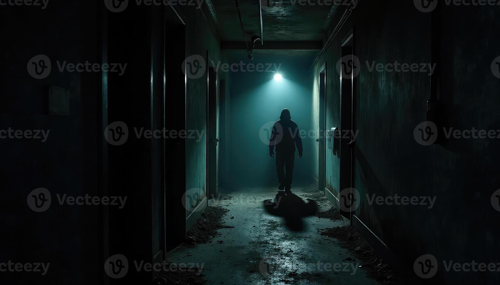 A person standing in a dark hallway with a light shining on them photo