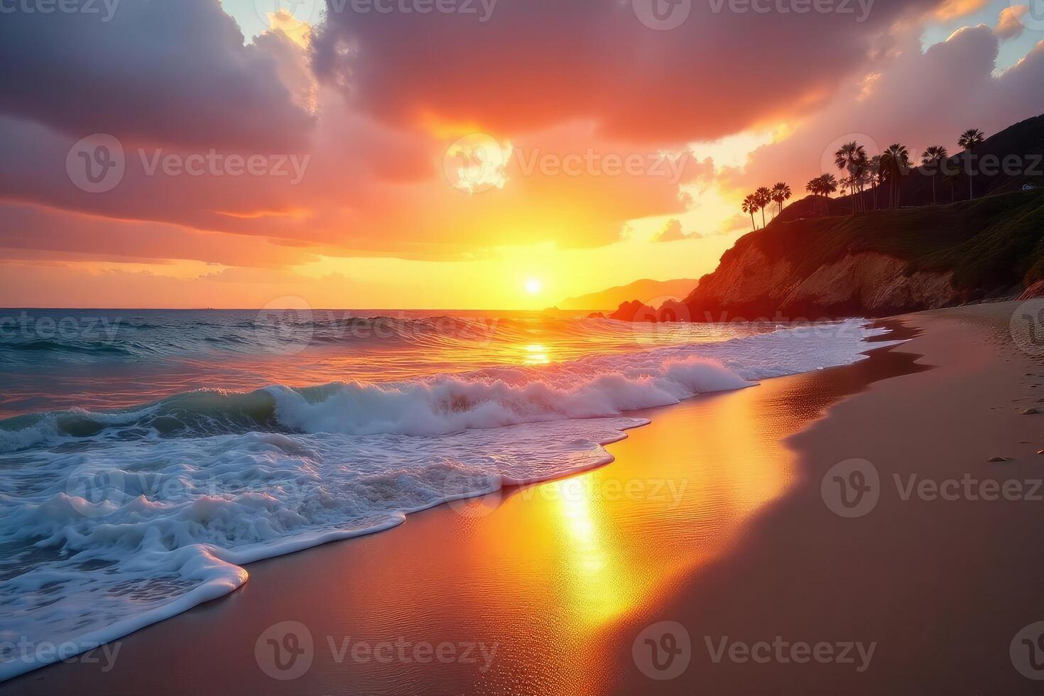 A beautiful sunset on the beach with waves and palm trees photo