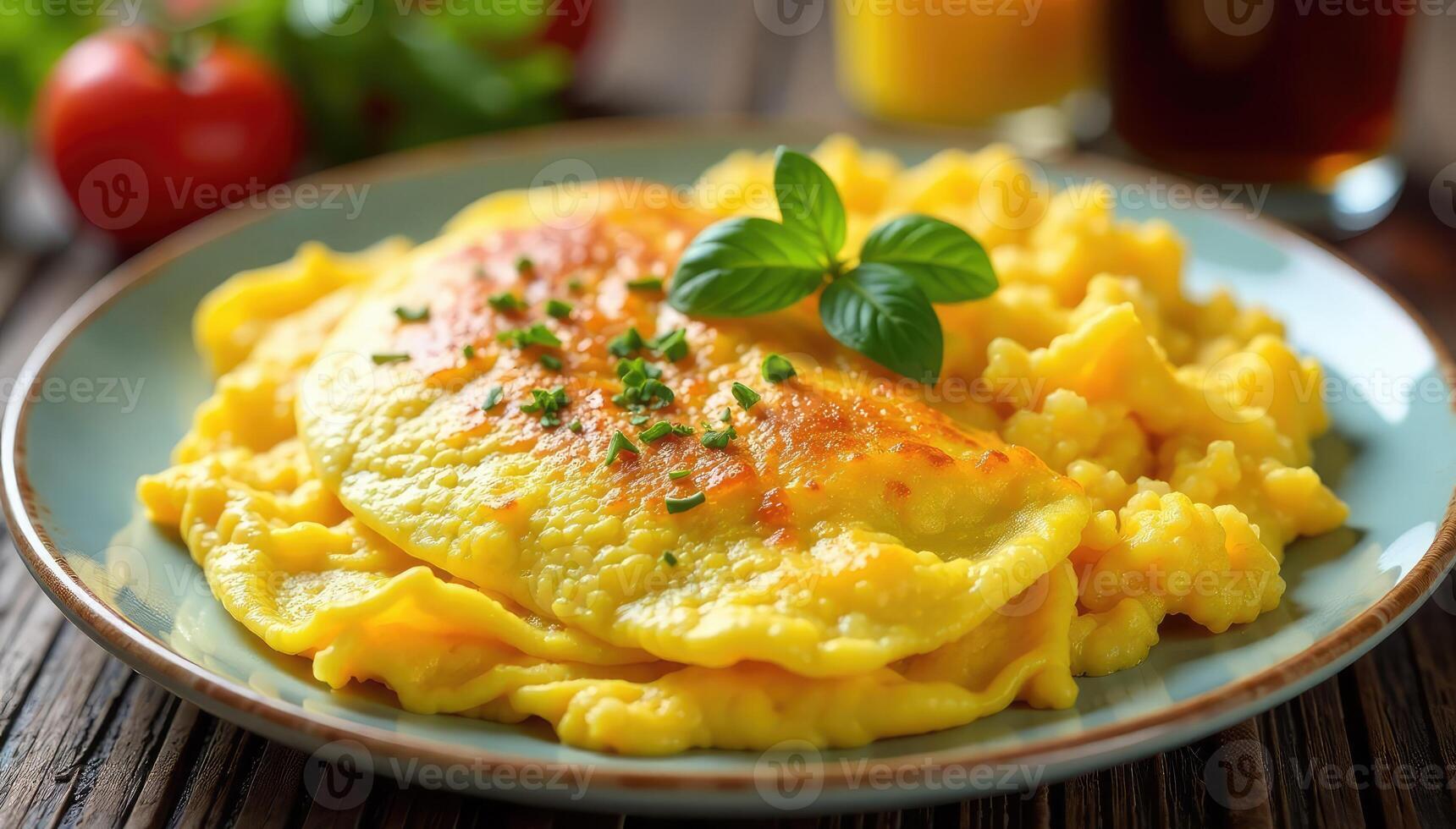 Omelet with cheese and herbs on a plate photo