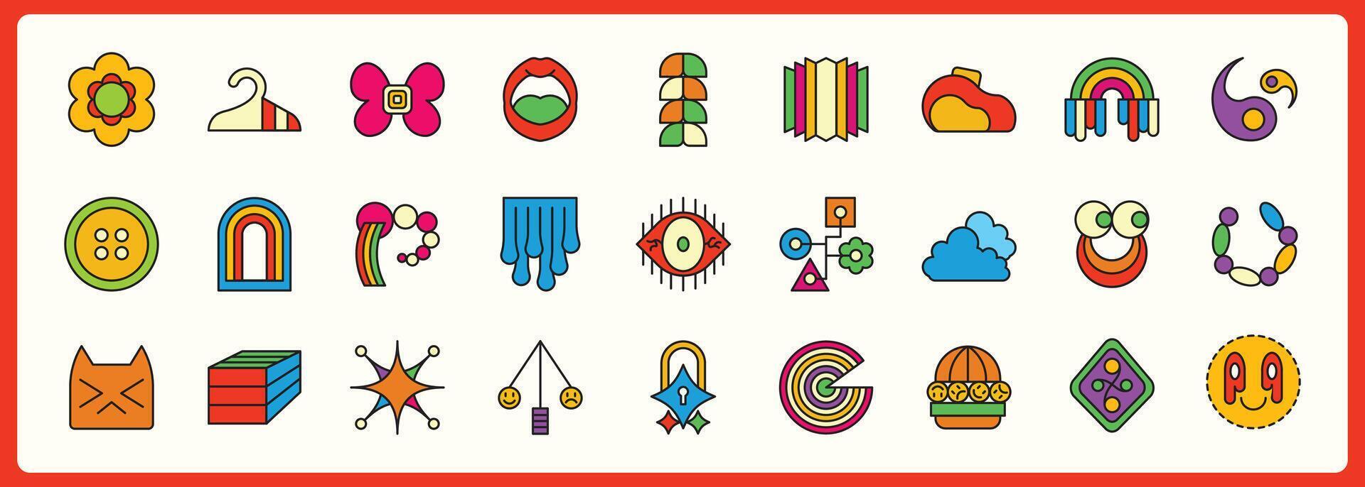 Neon aestethic. Retro elements, user interface, psychedelic greek sculpture, smile, planet, windows, icons in trendy y2k retro style. Illustrations vector