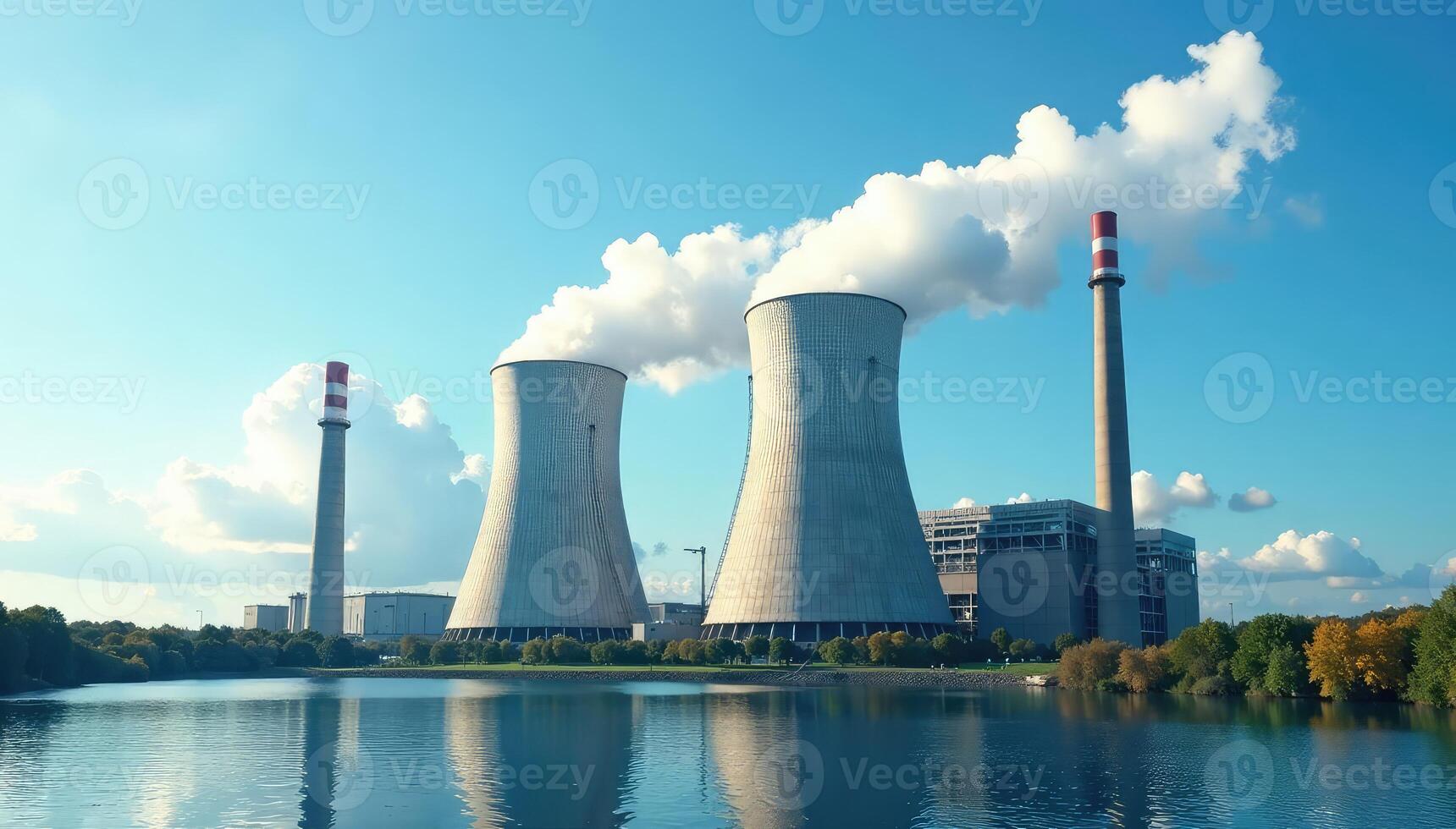 A massive industrial power plant with cooling towers and smokestacks against a blue sky , sustainability, energy production photo