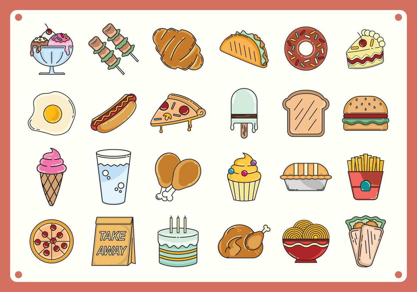 Food icons set colorful. Collection black outline logo for mobile apps web or site design full color, retro vector