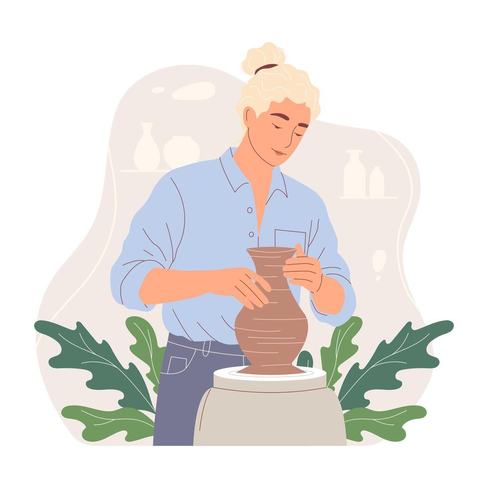 Young artist man creating pottery on a wheel. Creative hobby and handmade craft concept. Inspiring hand drawn flat illustration of a pottery workshop. Ceramic art process. vector