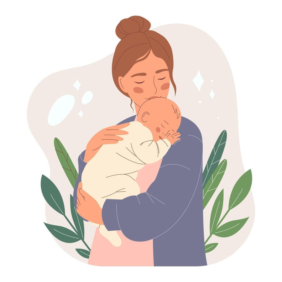 Tender mother holding a sleeping baby in her arms. Loving motherhood and childcare concept. Happy Mother's Day. Warm and heartwarming hand drawn flat illustration. Family and baby care. vector