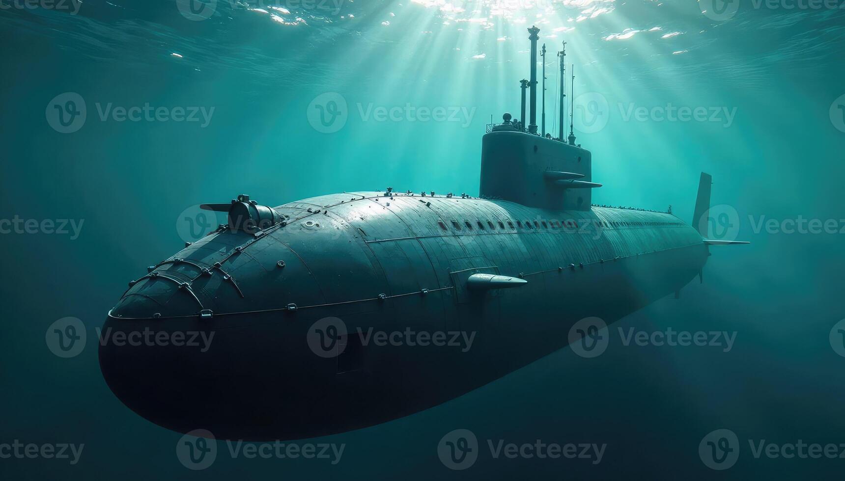A submarine in the ocean with sunlight coming through photo