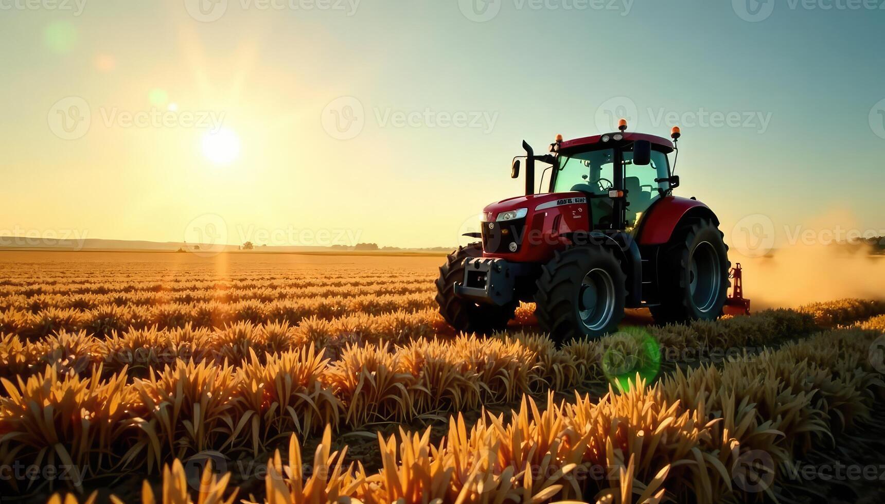A tractor is plowing a field at sunset photo
