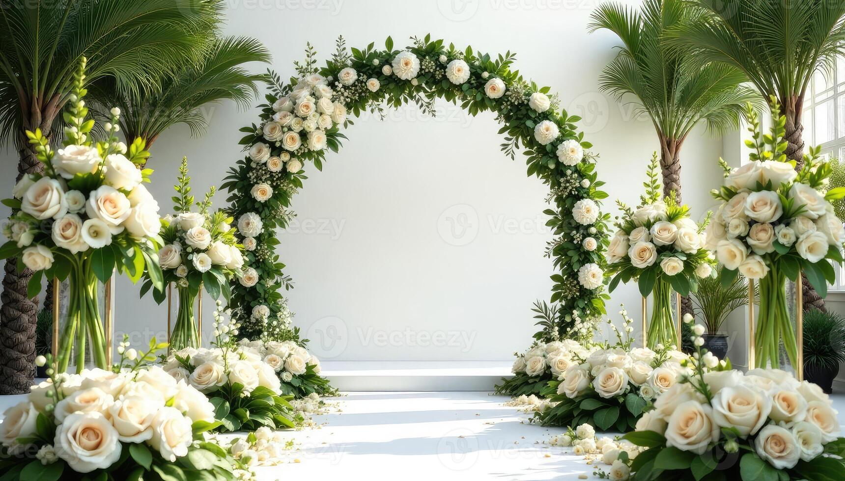 A wedding arch with white flowers and palm trees photo