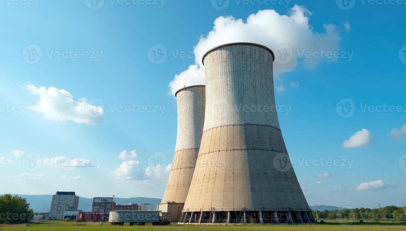 Two cooling towers with smoke coming out of them photo