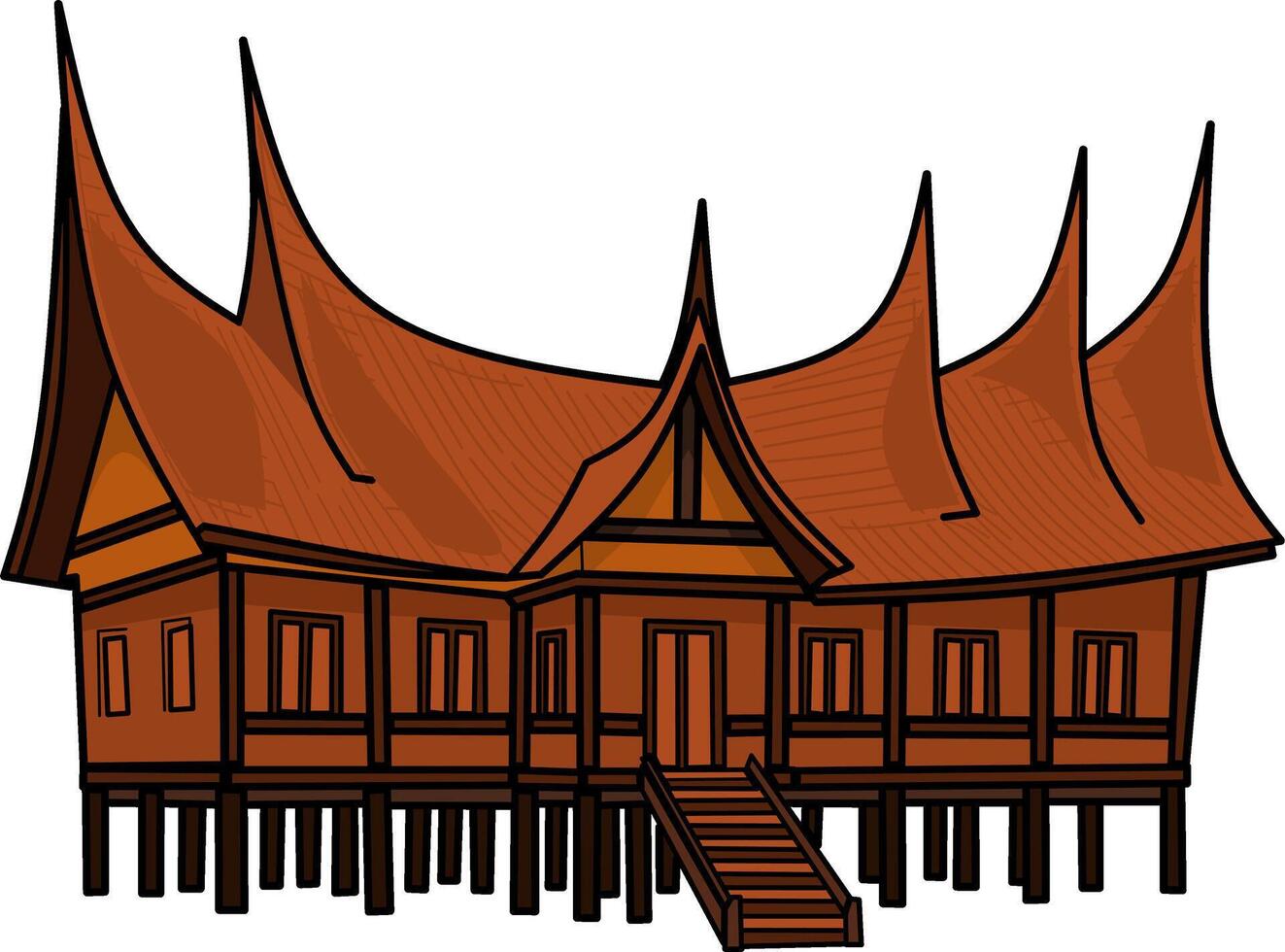 Rumah adat gadang, traditional house vecctor illustration design template elements, ancient architecture of minang or minangkabau indonesia, flat design color illustration vector