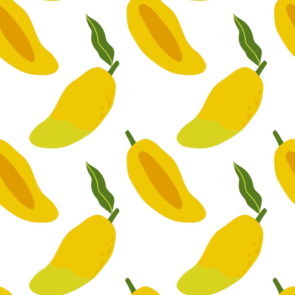 Bright yellow mango pattern on white background showcasing fresh tropical fruit design elements vector