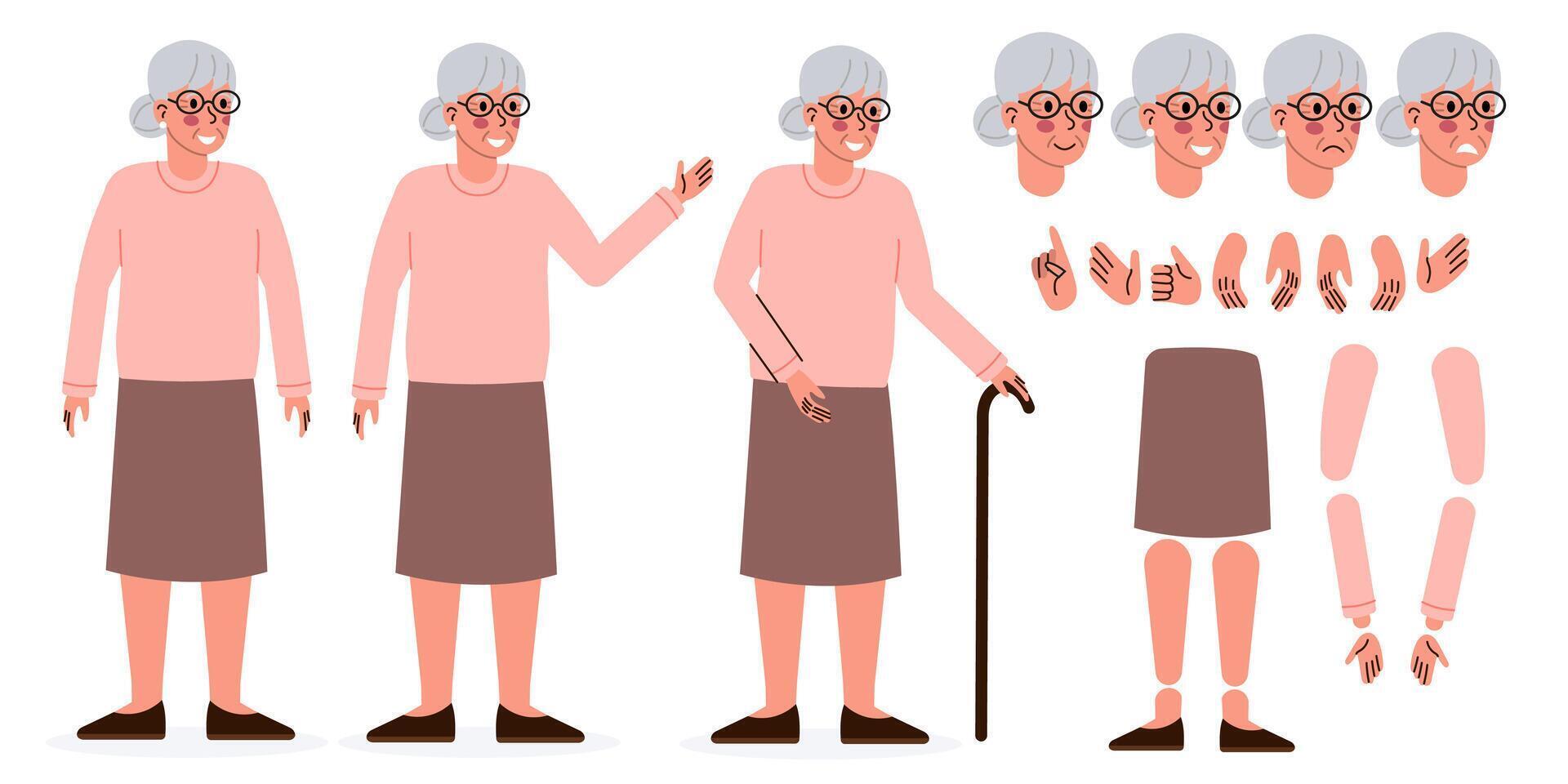 Casual elderly woman character constructor for animation. Flat style illustration isolated on white background. vector