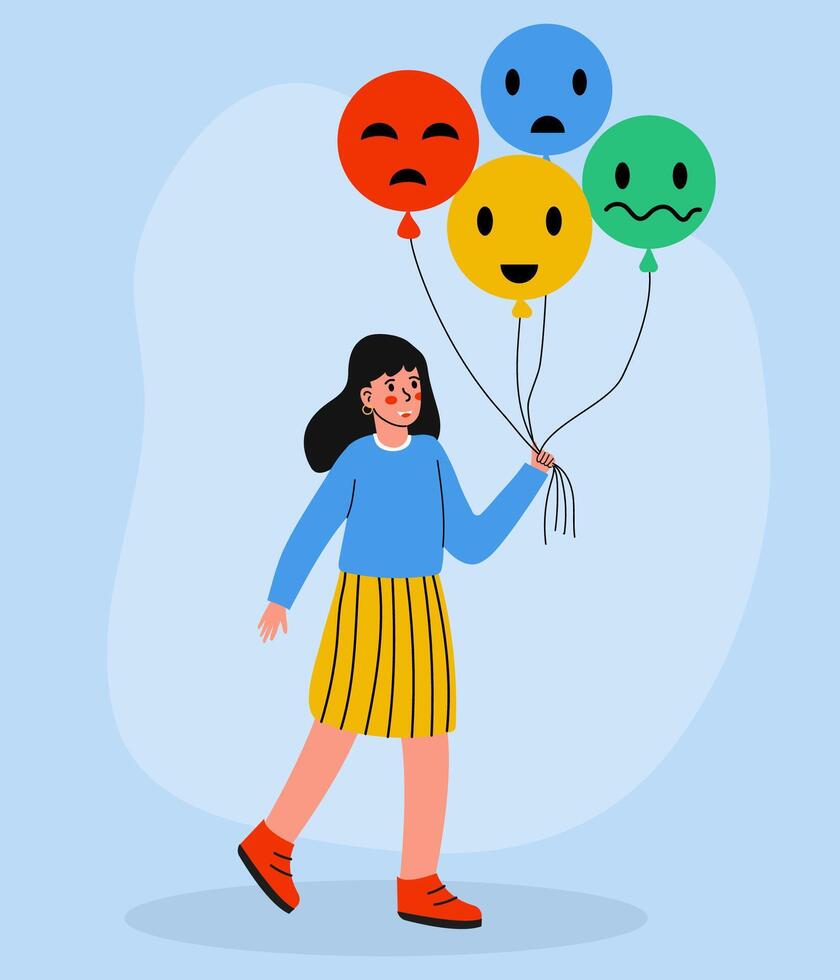 A girl happily holds colorful balloons symbolizing emotions, with playful expressions and a smile vector