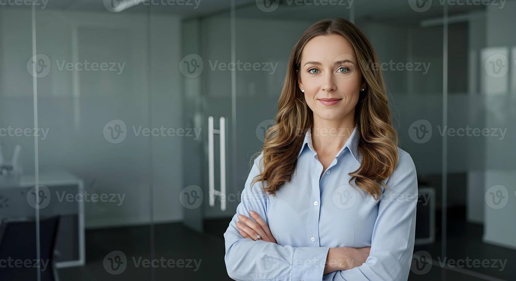 Confident Professional Woman Standing in Modern Office Environment photo