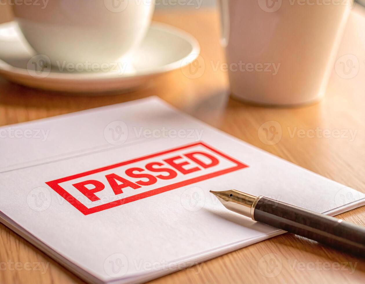 Red PASSED Stamp on paper with pen and coffee cups, Office approval concept photo
