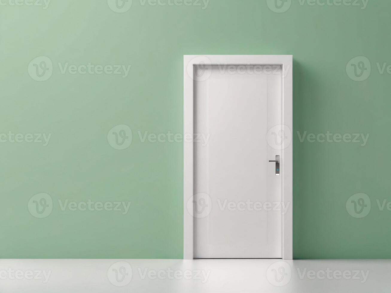 White door mock up isolated on green background, copy space photo
