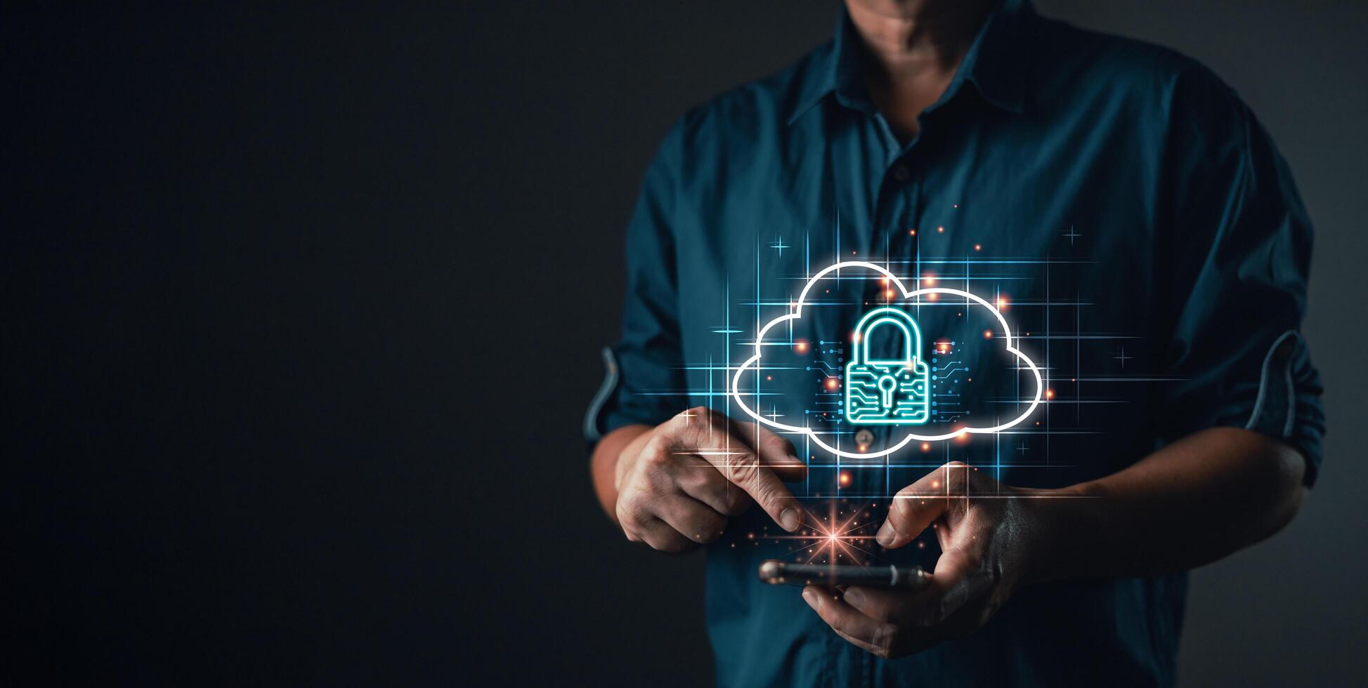 man holding cloud computing diagram show on hand. Data storage.Cloud technology.Secure backup Network and internet service concept.Implementation storage technology in business. IT support. photo