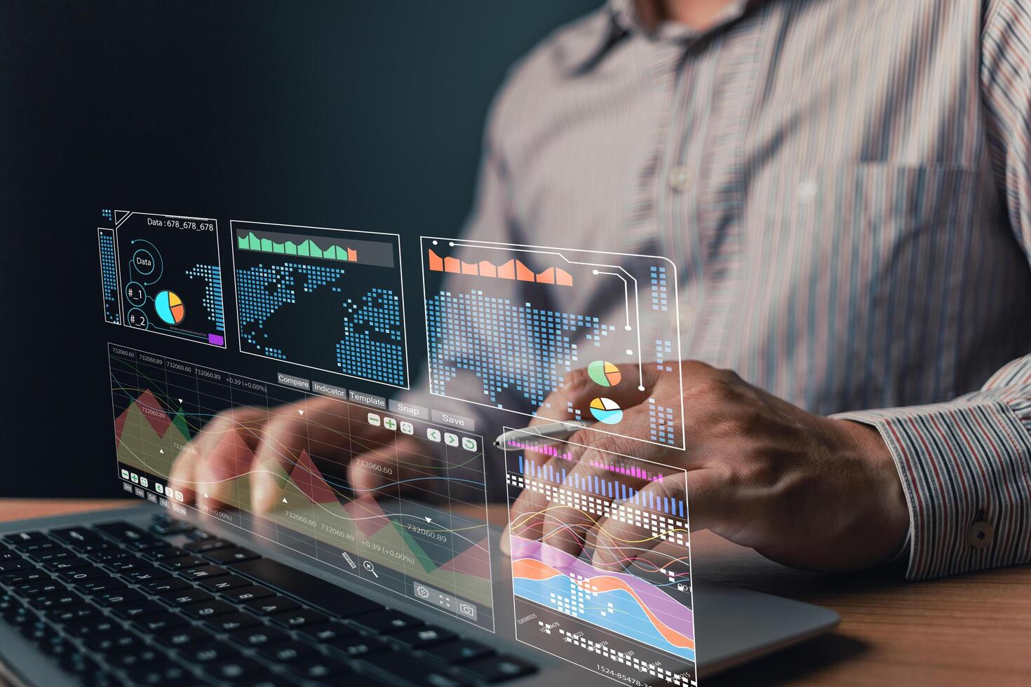 man use laptop with growth graph and progress of business and analyze finance, and investment.Use technology to plan strategy to success goals and growth stock.online business, online marketing. photo