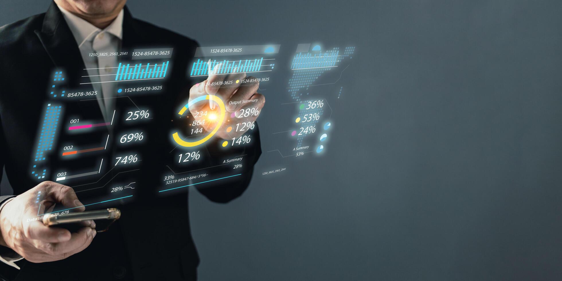 Business online digital market management. man use graphs to report and progress of business and analyze finances, and investments. Use technology to plan strategy to success goal and growth stock. photo