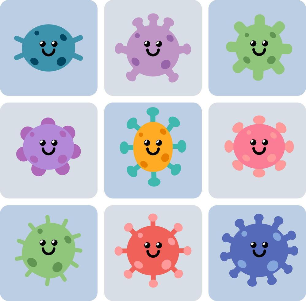 Cute Cartoon Virus Bacteria Icons Set Colorful Microbe Characters Illustration vector