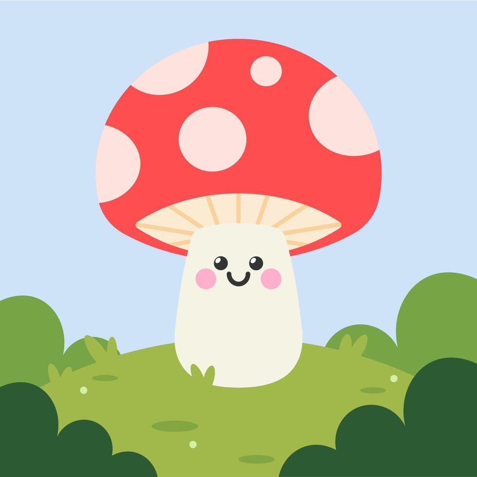 Cute Cartoon Mushroom Illustration Happy Fungus Character on Green Hill Art for Kids vector