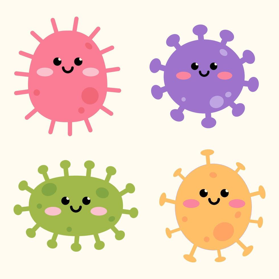 Collection of four colorful cute cartoon microbe characters Includes pink purple green and yellow orange virus or bacteria illustrations graphic set vector