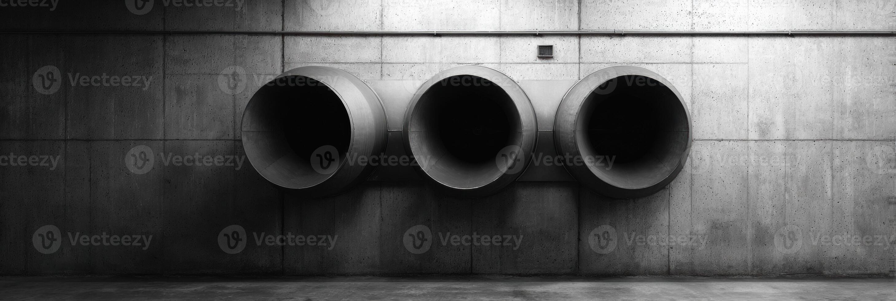 Three large pipes hanging from the wall in a dark room photo
