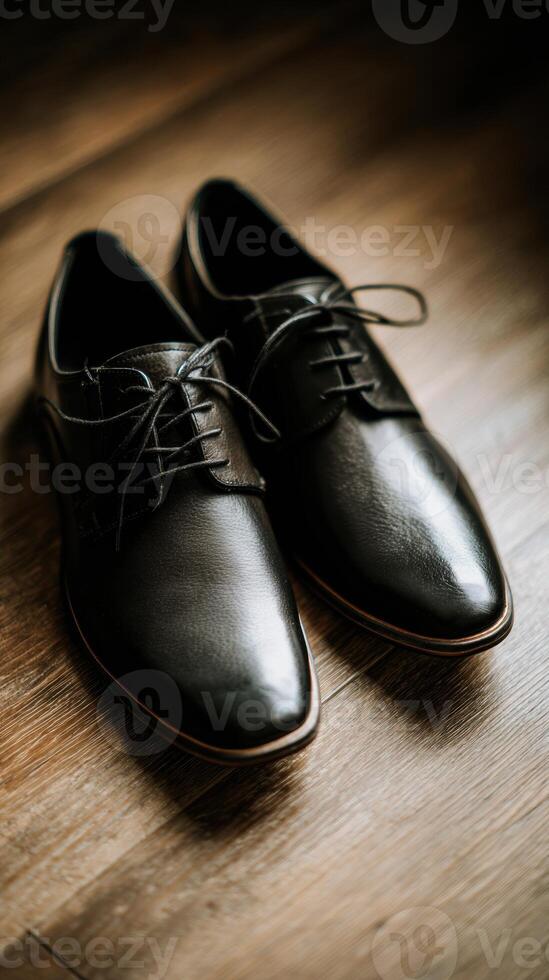 Black leather shoes on wooden floor photo
