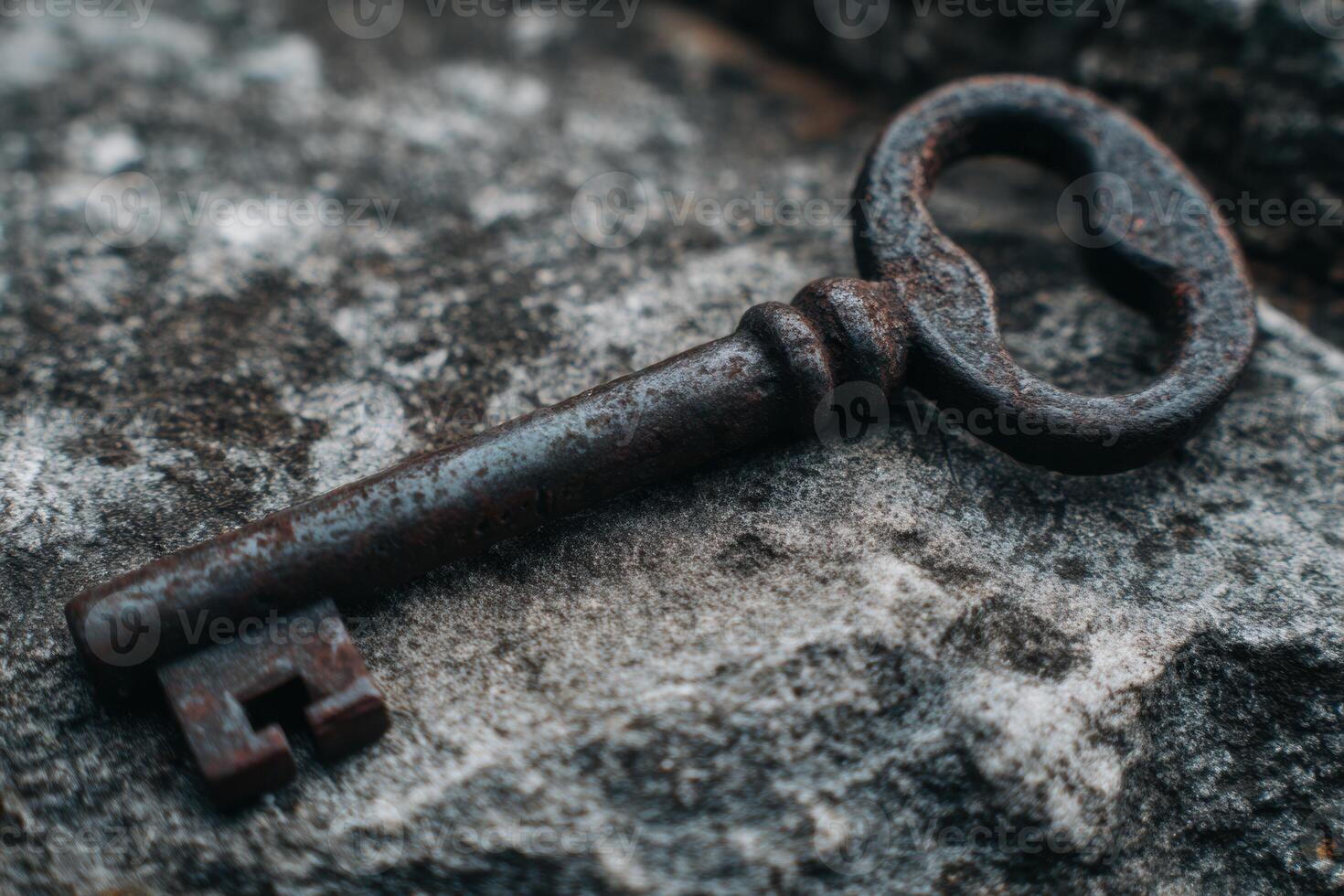 An old rusty key laying on top of a rock photo
