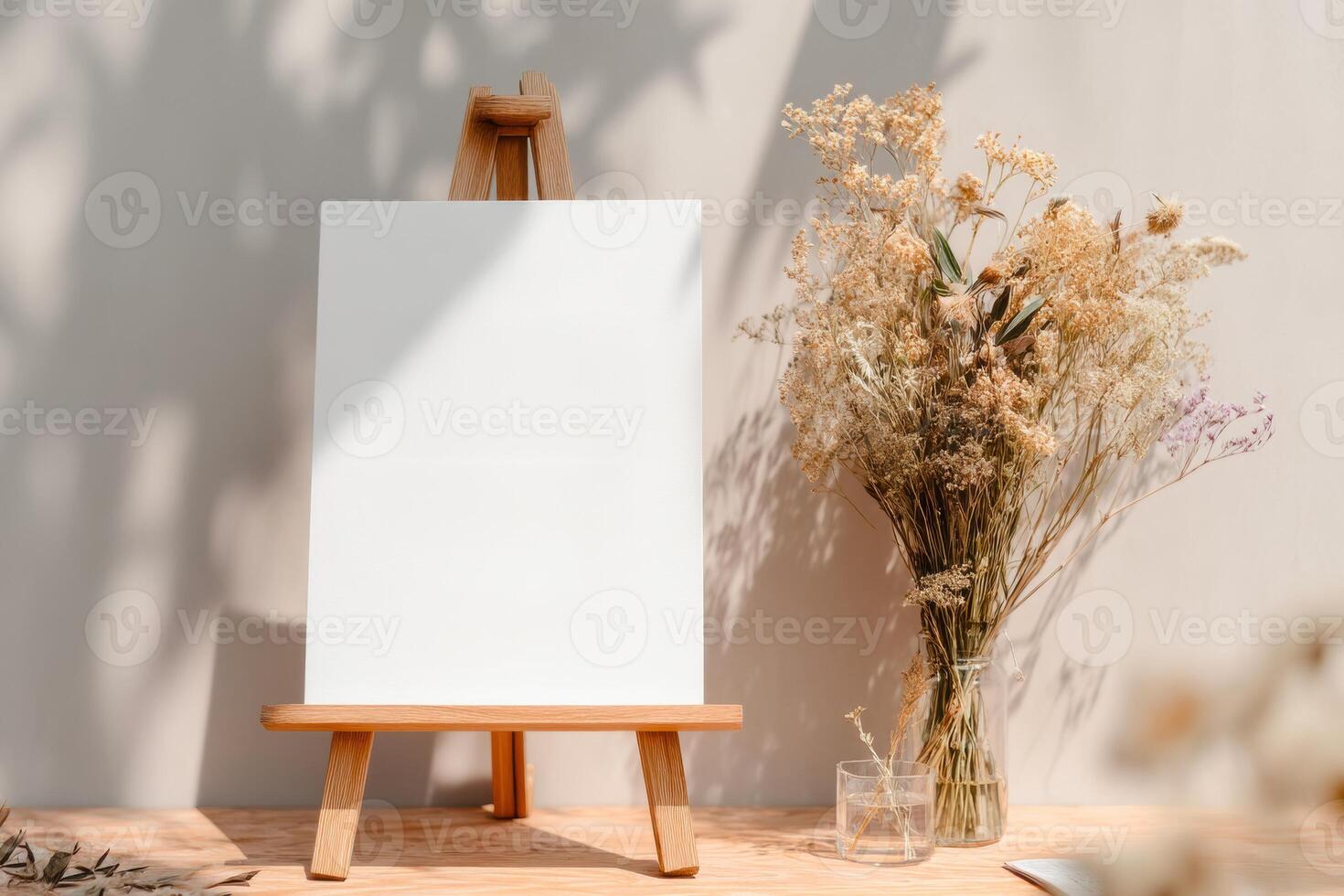 Blank canvas on easel with flowers photo