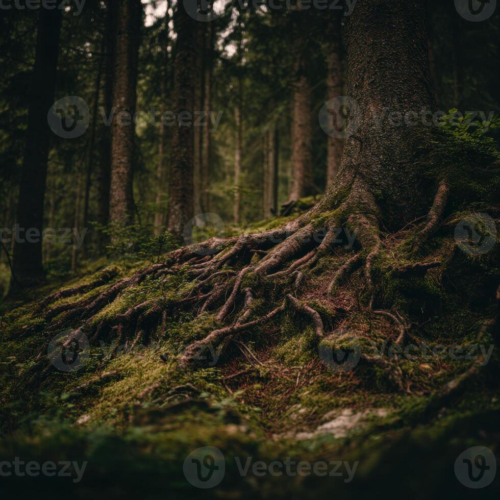A forest with trees and roots photo