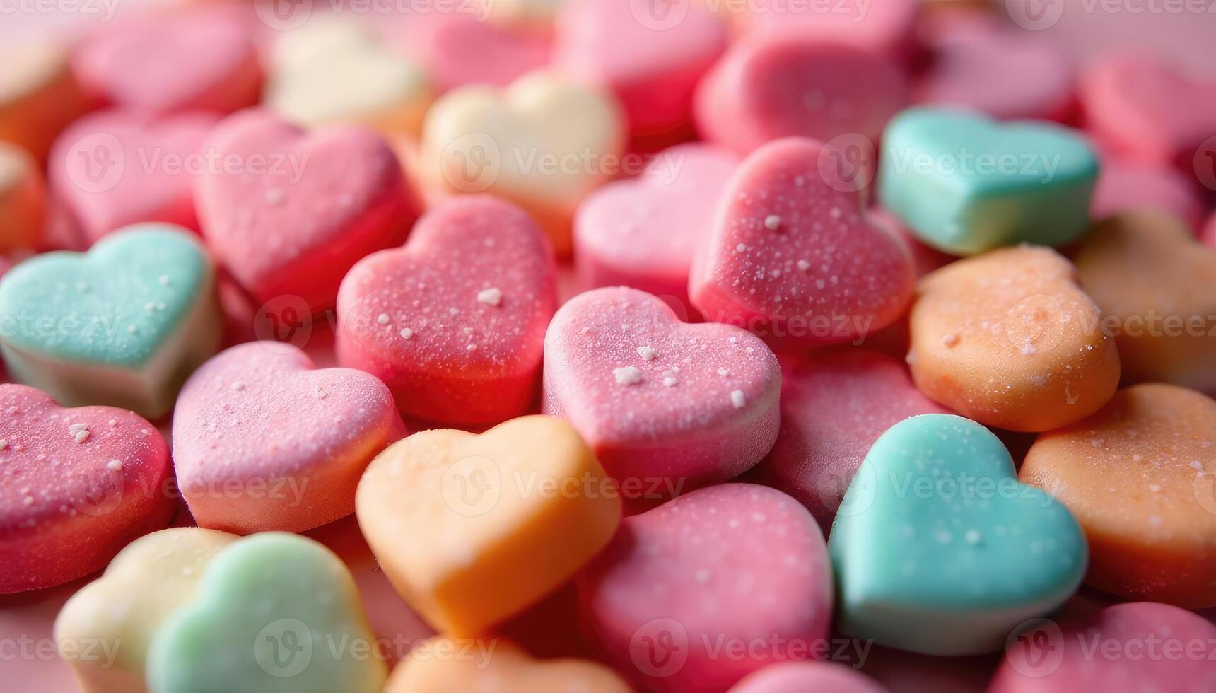 A pile of colorful candy hearts on a pink background photo