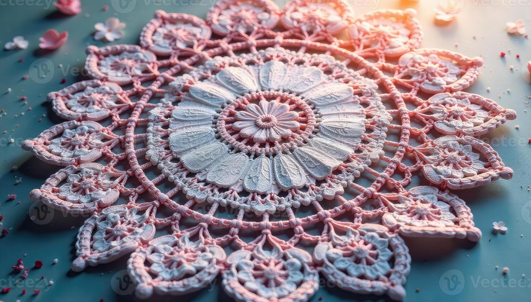 A pink crocheted doily on a blue table photo