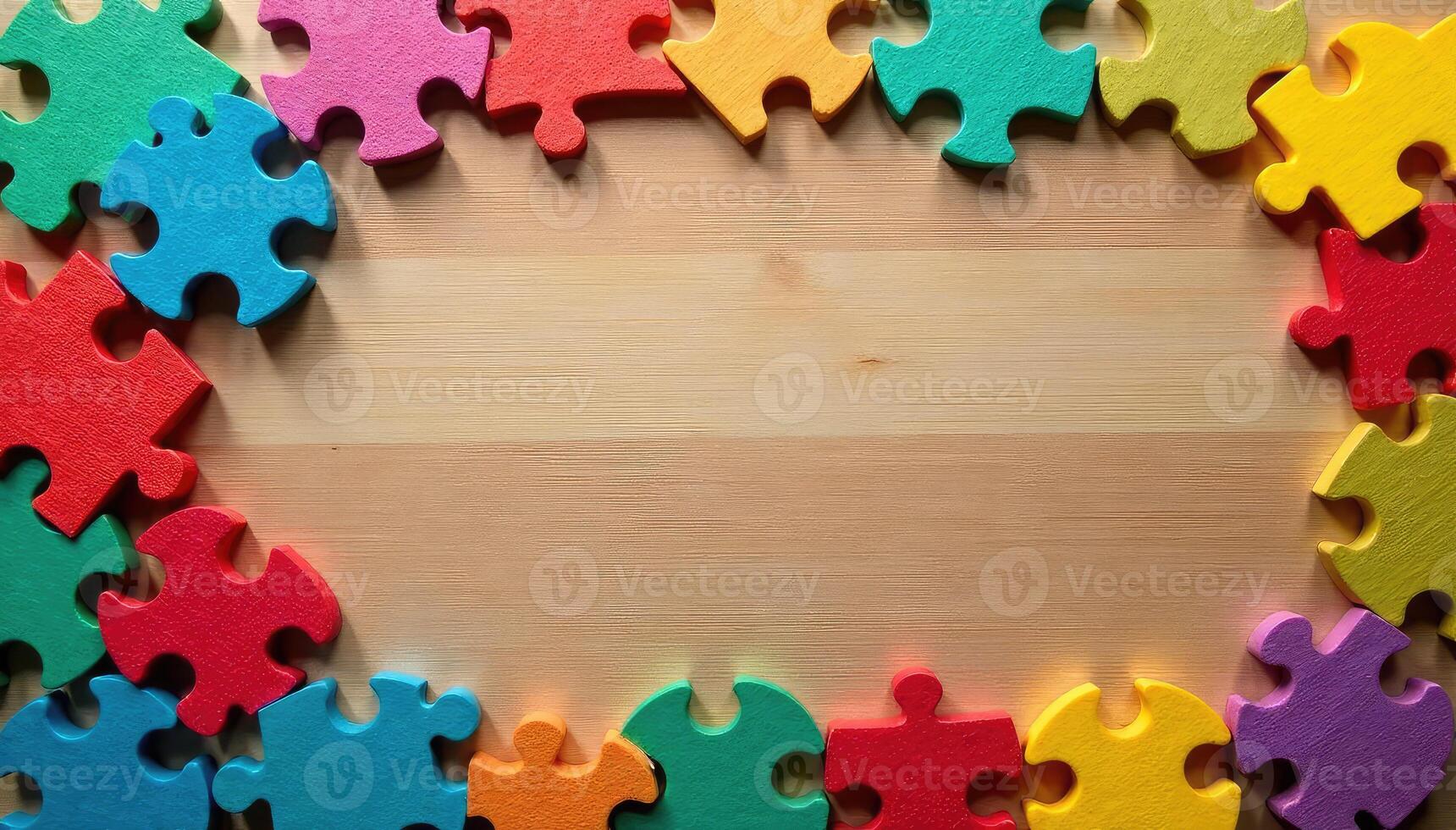 Colorful puzzle pieces arranged in a circle on a wooden table photo