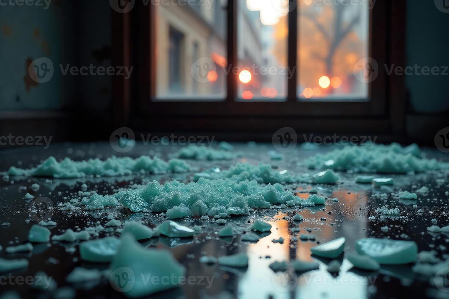 Close-up of a shattered window, shards of glass scattered on the ground, signifying the aftermath of a violent crime , consequence, fear photo