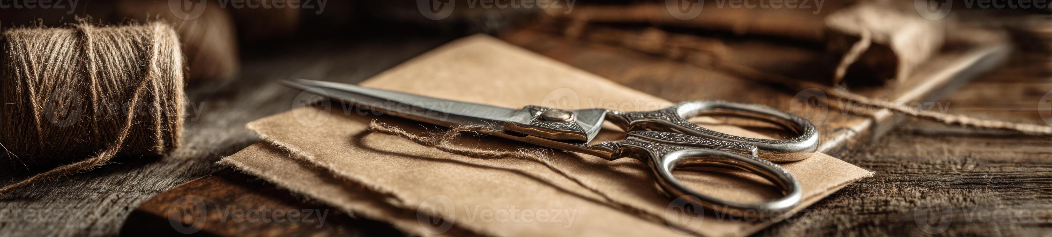A pair of scissors on a wooden table photo