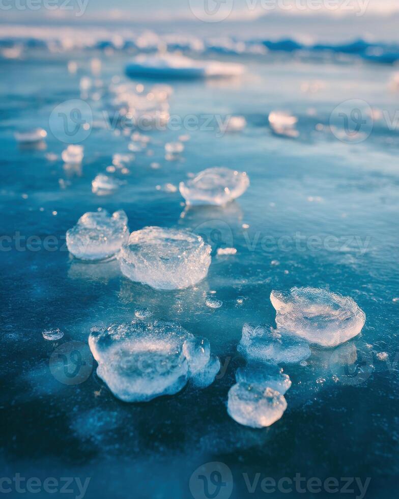 Ice cubes floating on the surface of the water photo