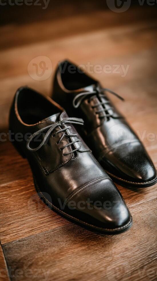 Black dress shoes on a wooden floor photo