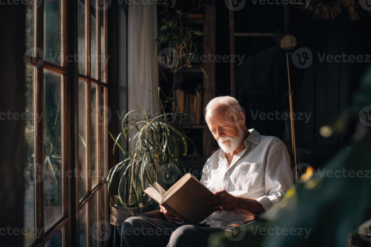 An elderly man sitting in front of a window reading a book photo