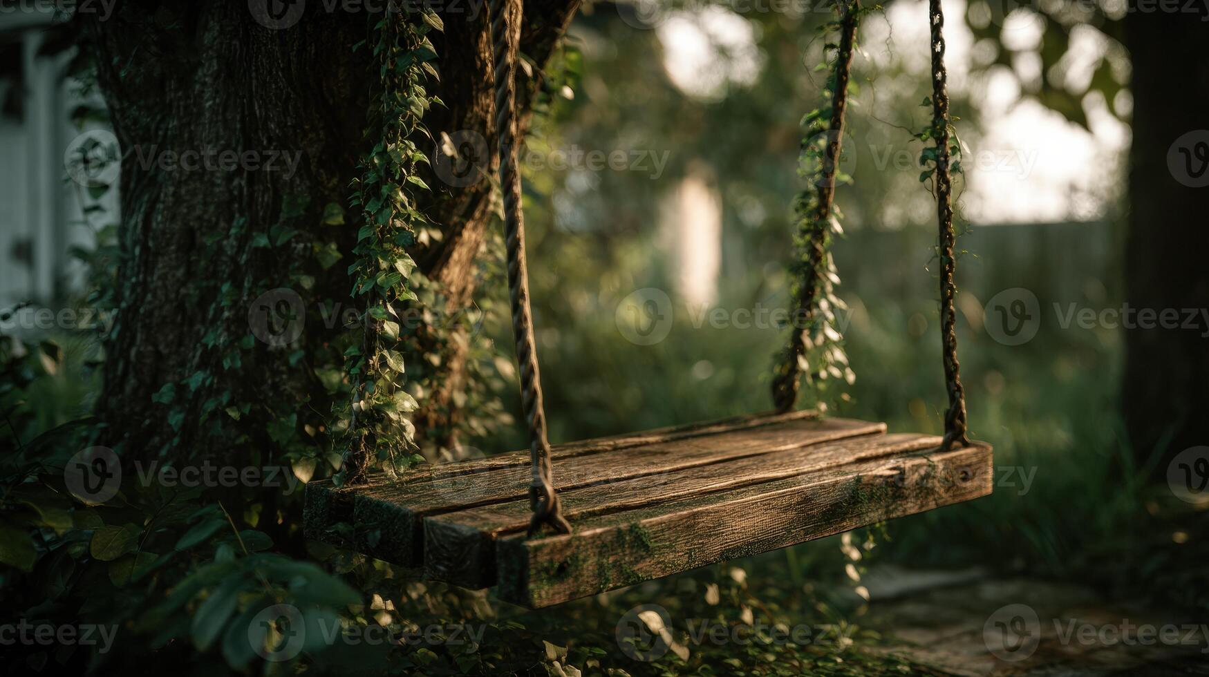 A wooden swing sitting on a tree in the middle of a forest photo