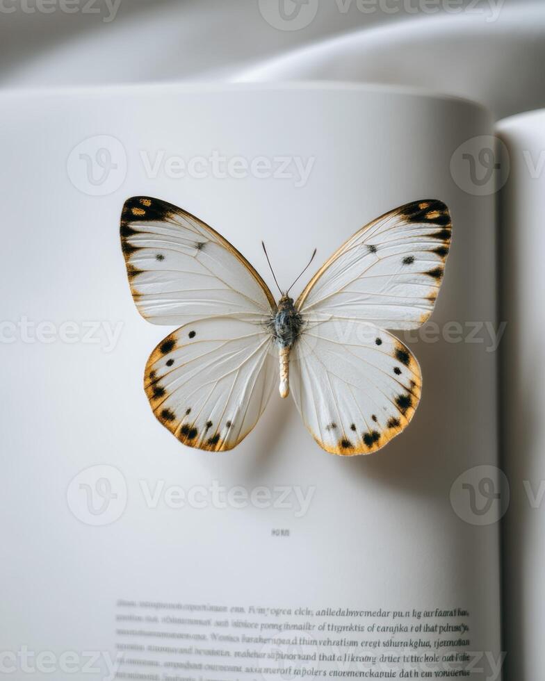 A white butterfly is sitting on top of an open book photo