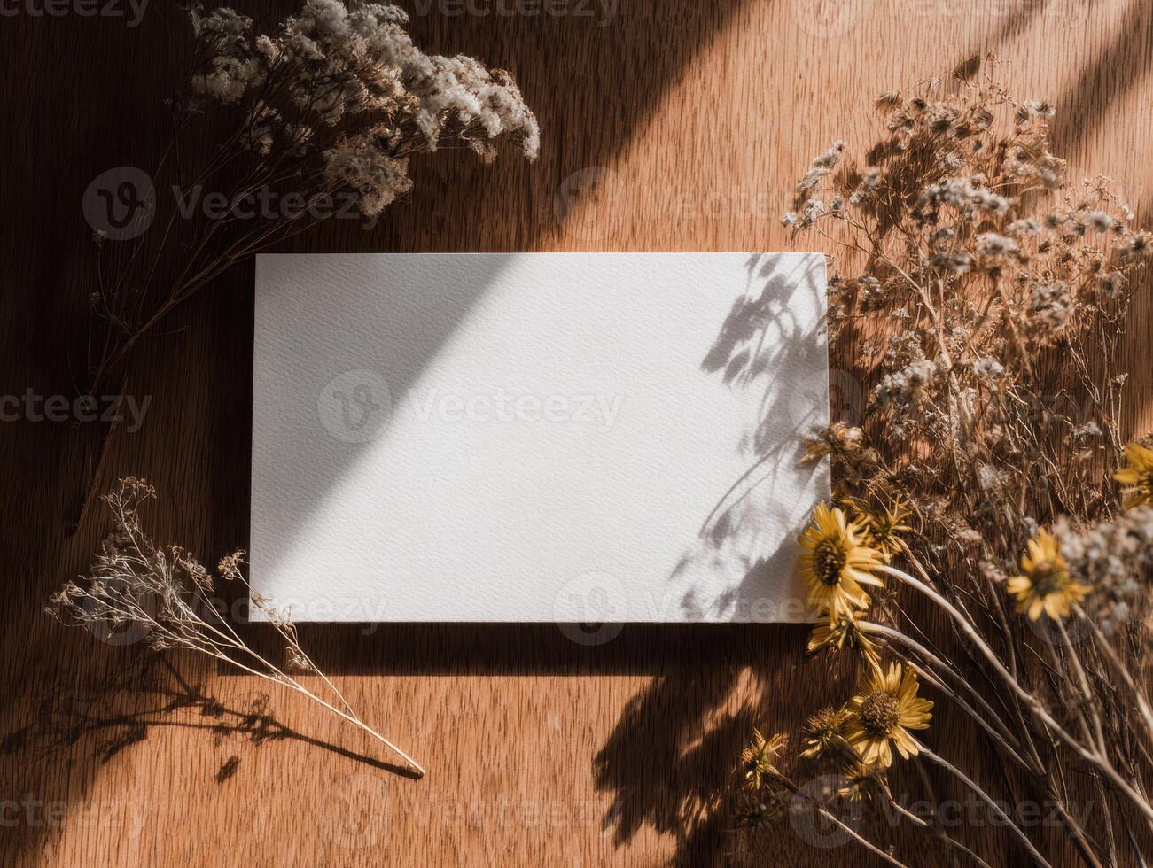 Blank paper and dried flowers on wooden table photo