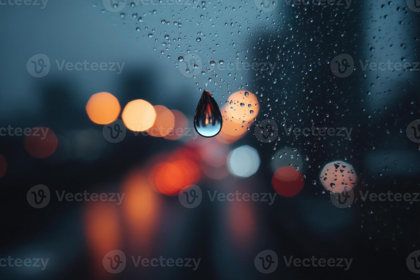 Raindrops on a window with blurred lights photo