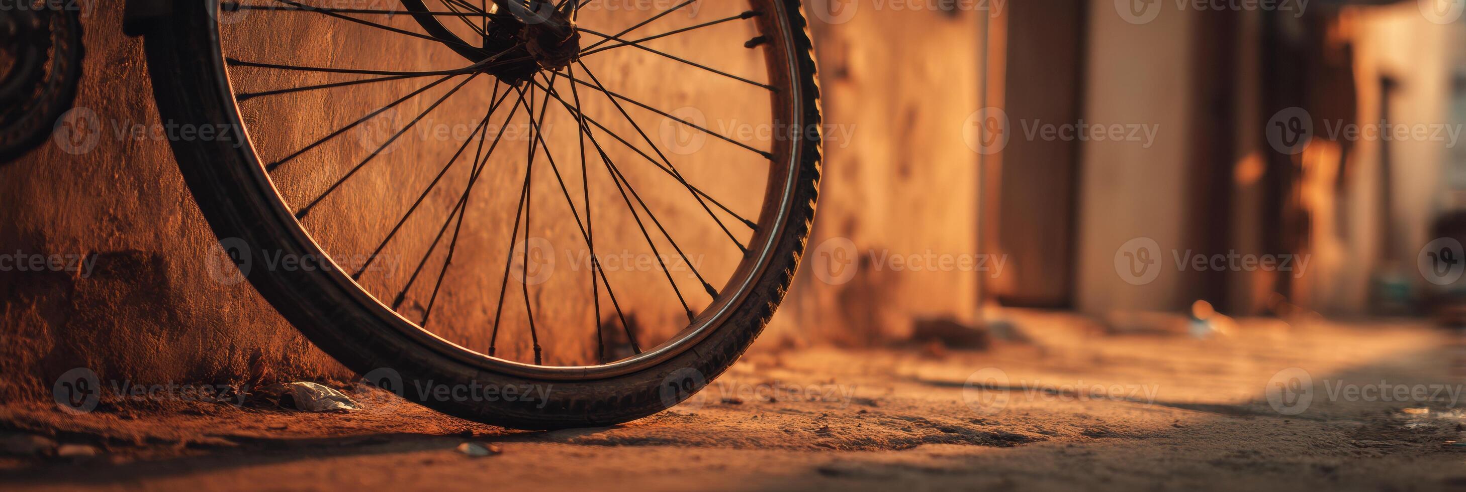 A bicycle wheel leaning against a wall photo