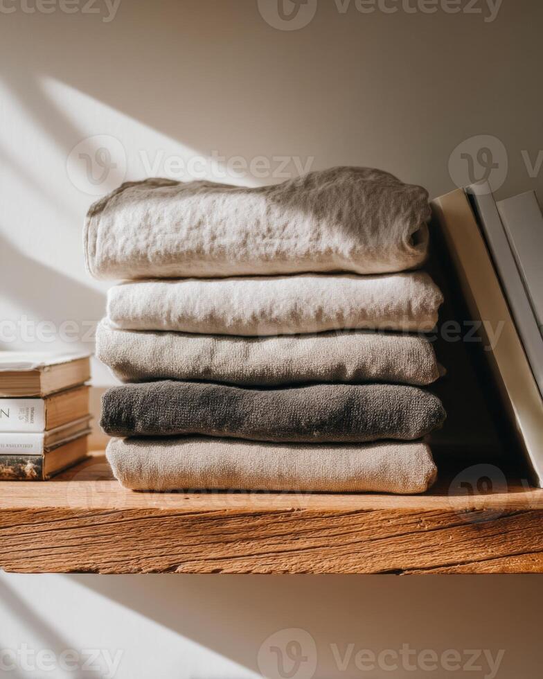 Stack of linen on a shelf photo