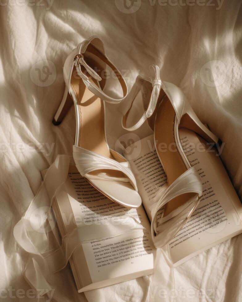 White wedding shoes on a bed with a book photo
