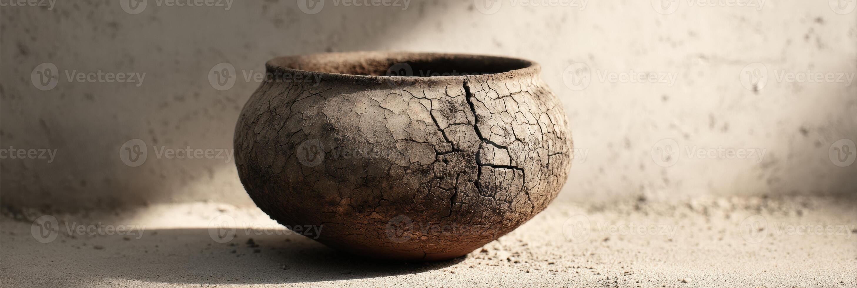 A vase is shown in a room with a wall photo